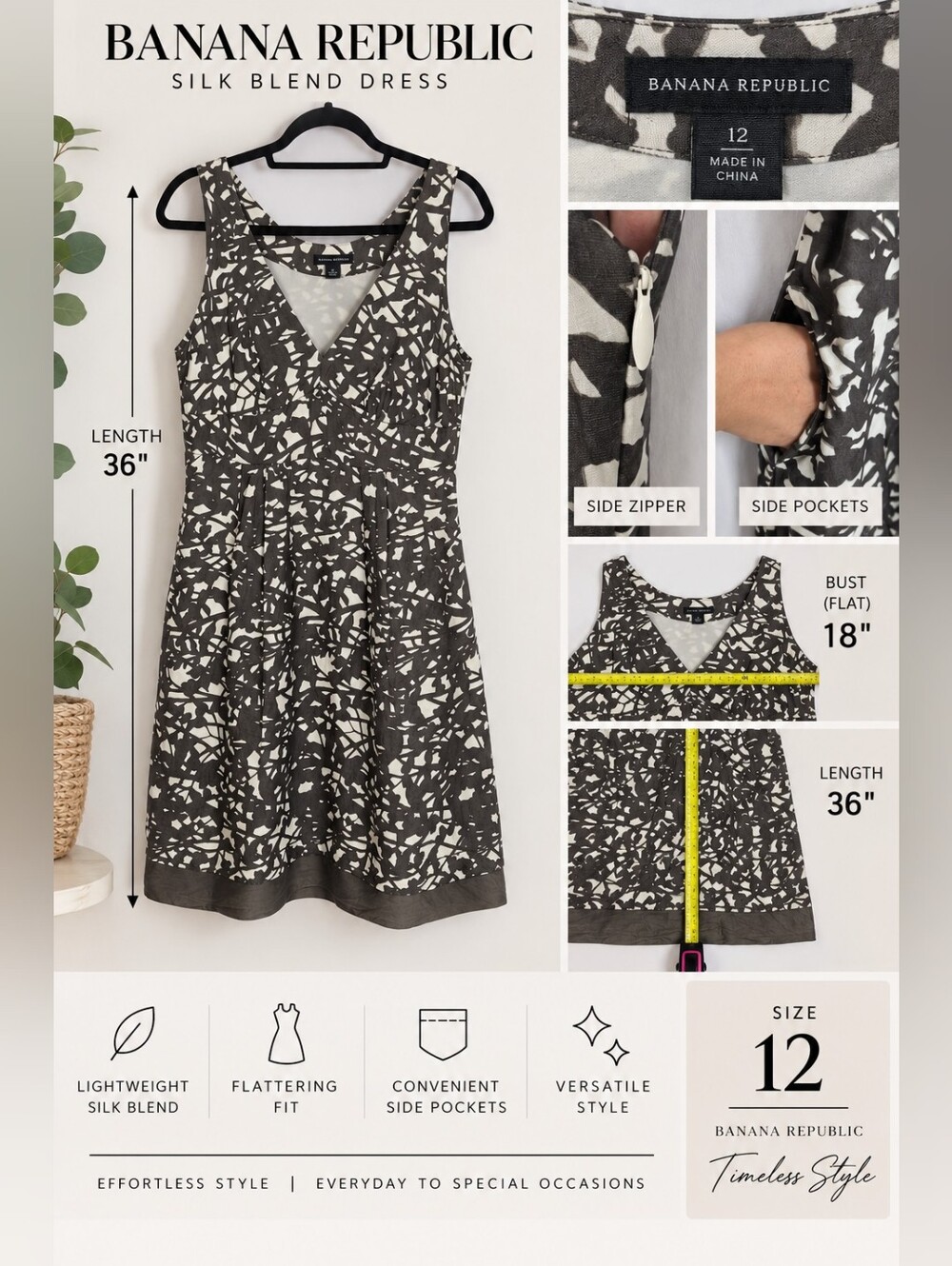 Banana Republic 100% Silk Abstract Print Sleeveless V-Neck Dress